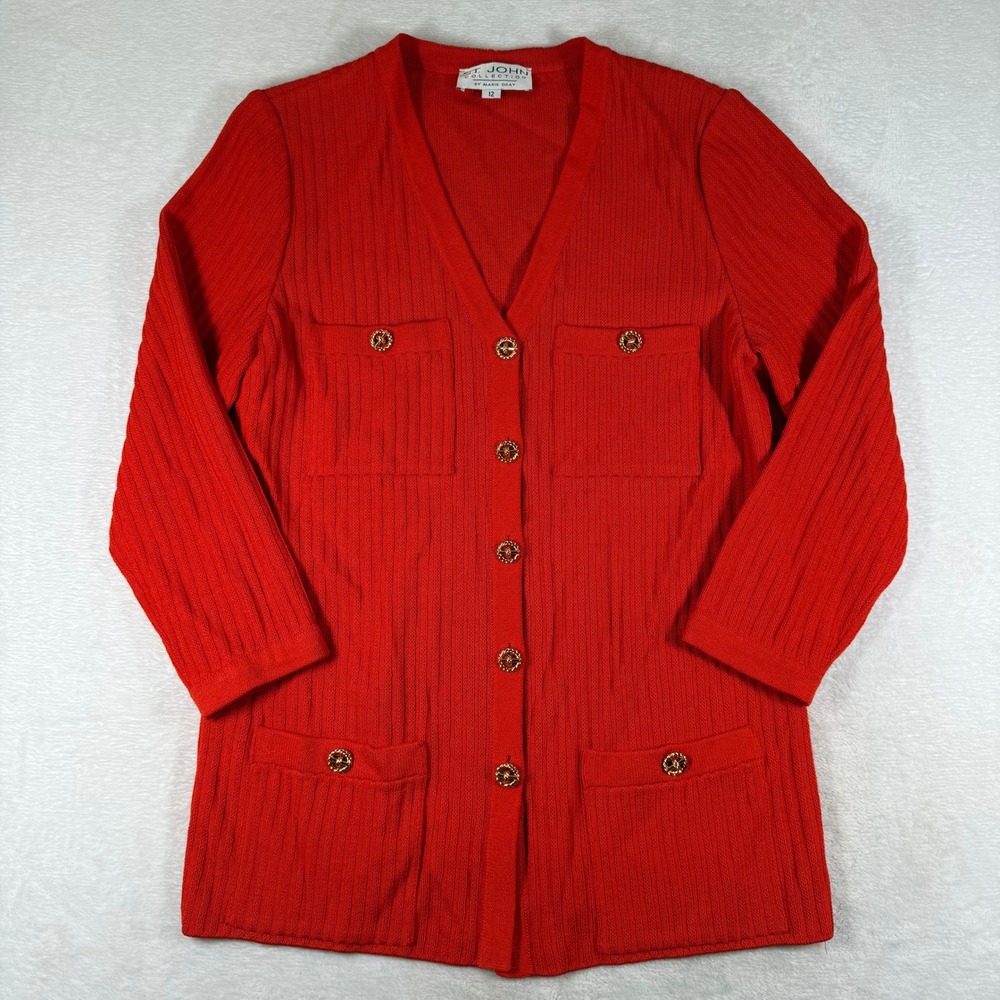 St John Collection Marie Gray Red Ribbed Knit Button Front Cardigan Jacket 12